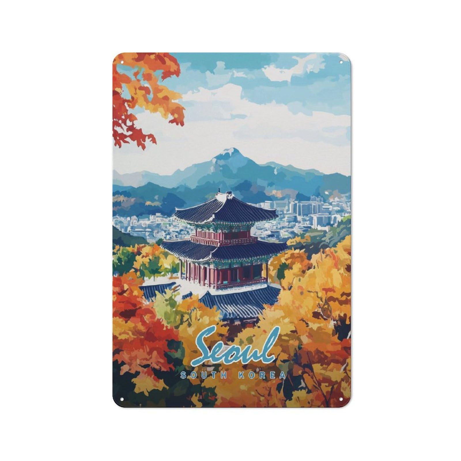 Outdoor Room Rustic Tin Sign 30x20cm Featuring Seoul Cityscape with Pagoda, Shed Wall Decor for Greenhouse, Garden Room, Cafe Or Entryway