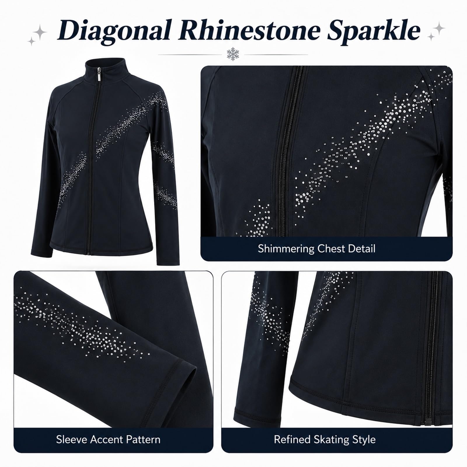 Giacca con zip for pattinaggio artistico con accenti di strass diagonali