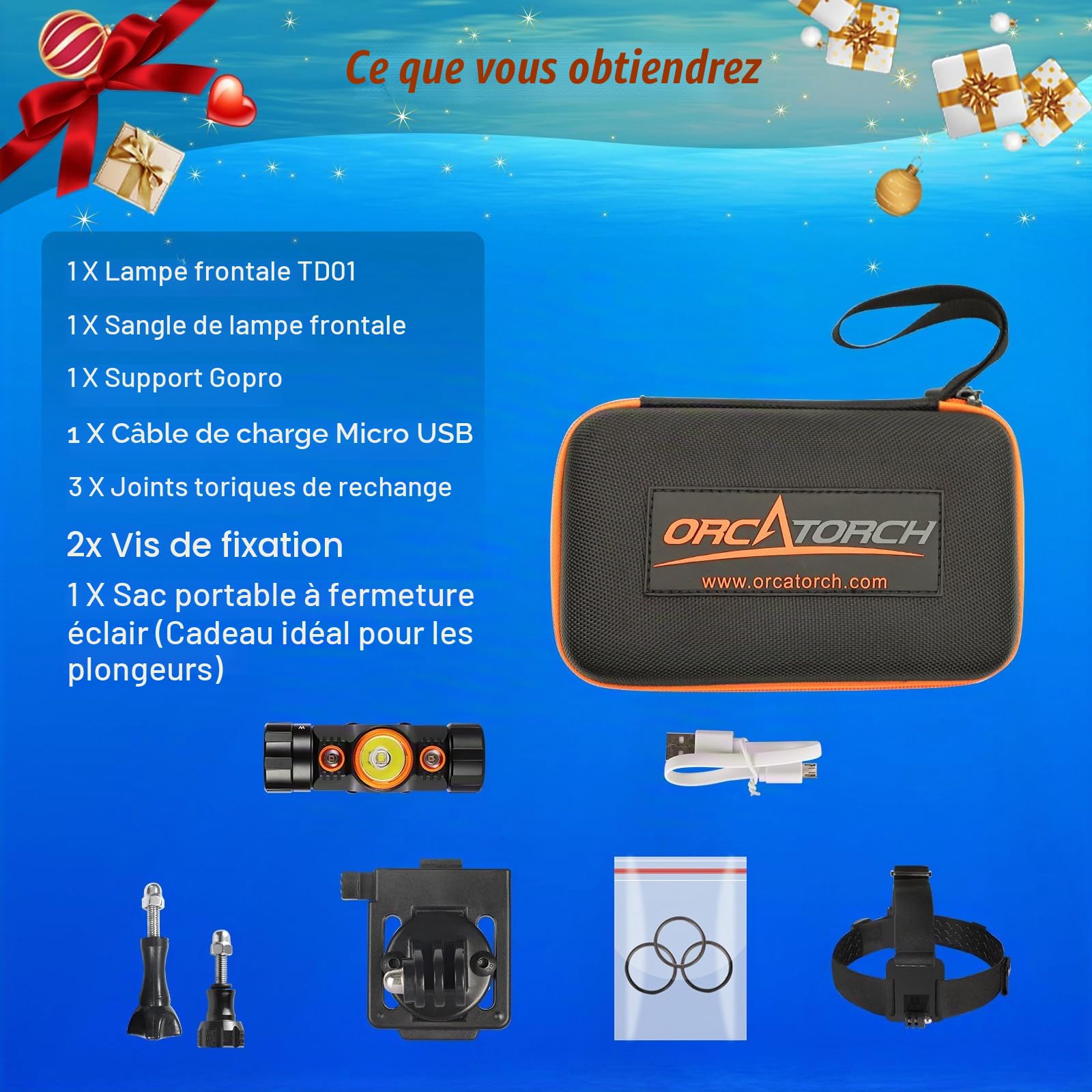 ORCATORCH TD01 Phare de plongée 1200 lumens 5 modes de double couleur (blanc/rouge) Phare professionnel sous-marin de 150 m, lampe torche étanche IP68 pour spéléologie, plongée avec tuba, pêche