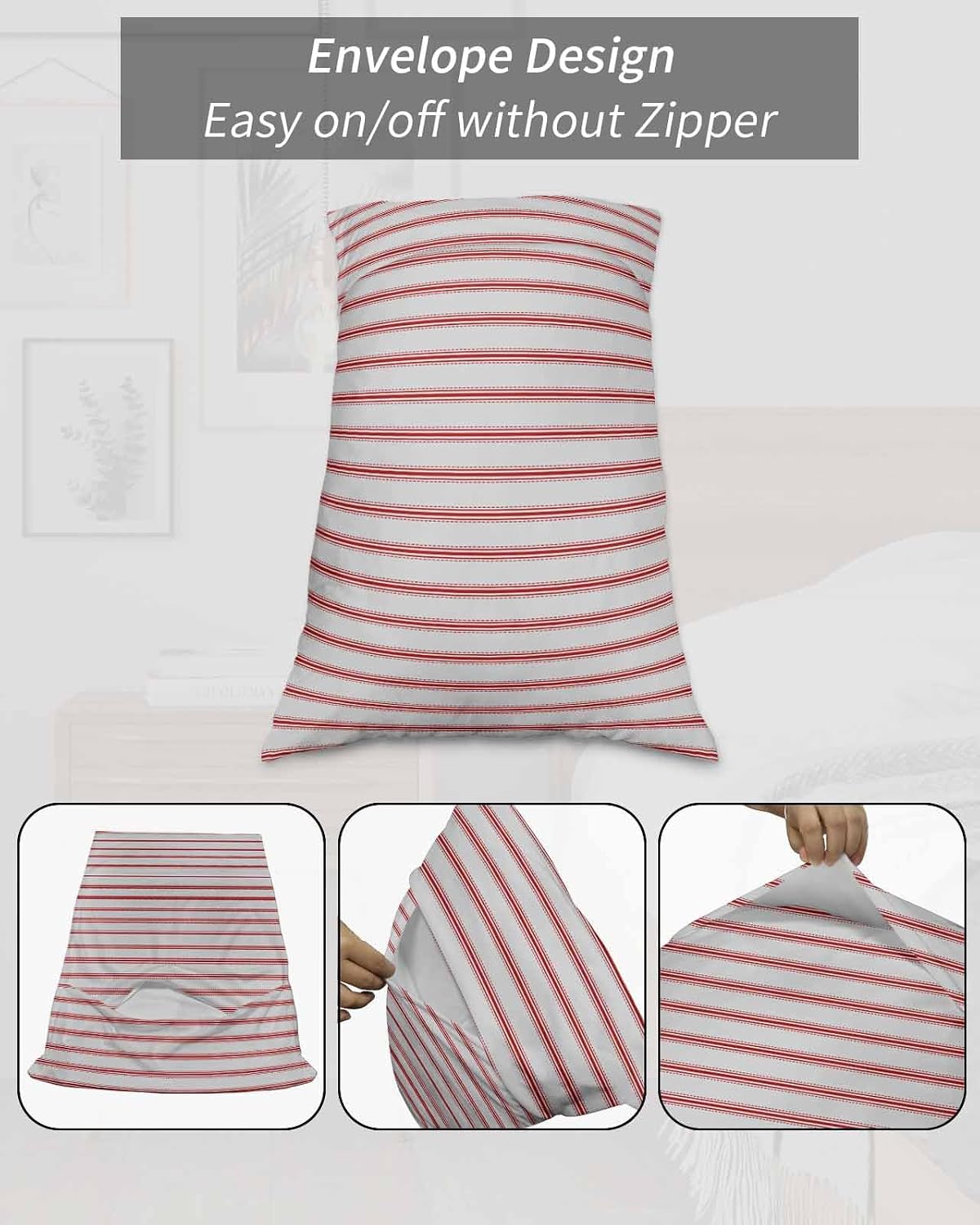 DecorLovee Red Striped King Pillow Cases Set of 2 - Microfiber Bed Throw Pillow Covers, Red White Stripes Farmhouse Decorative Lumbar Pillow Cover with Envelope Closure for Sofa/Travel 20"x36"