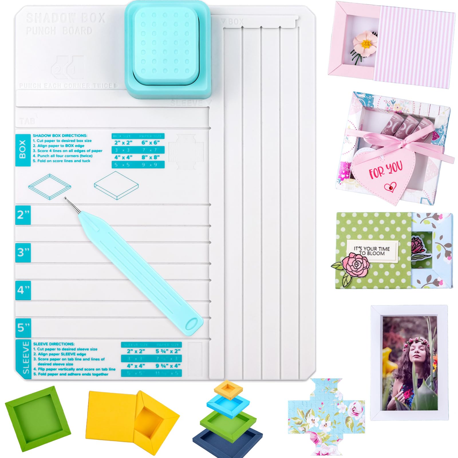 Shadow Box Punch Board for DIY Making 2"，3", 4", 5" Shadow Boxes and Sleeves, Shadow Box Punches Boards with Scoring Tool for DIY Crafting Scrapbooking Holiday Family Cards Photo Making Gifting