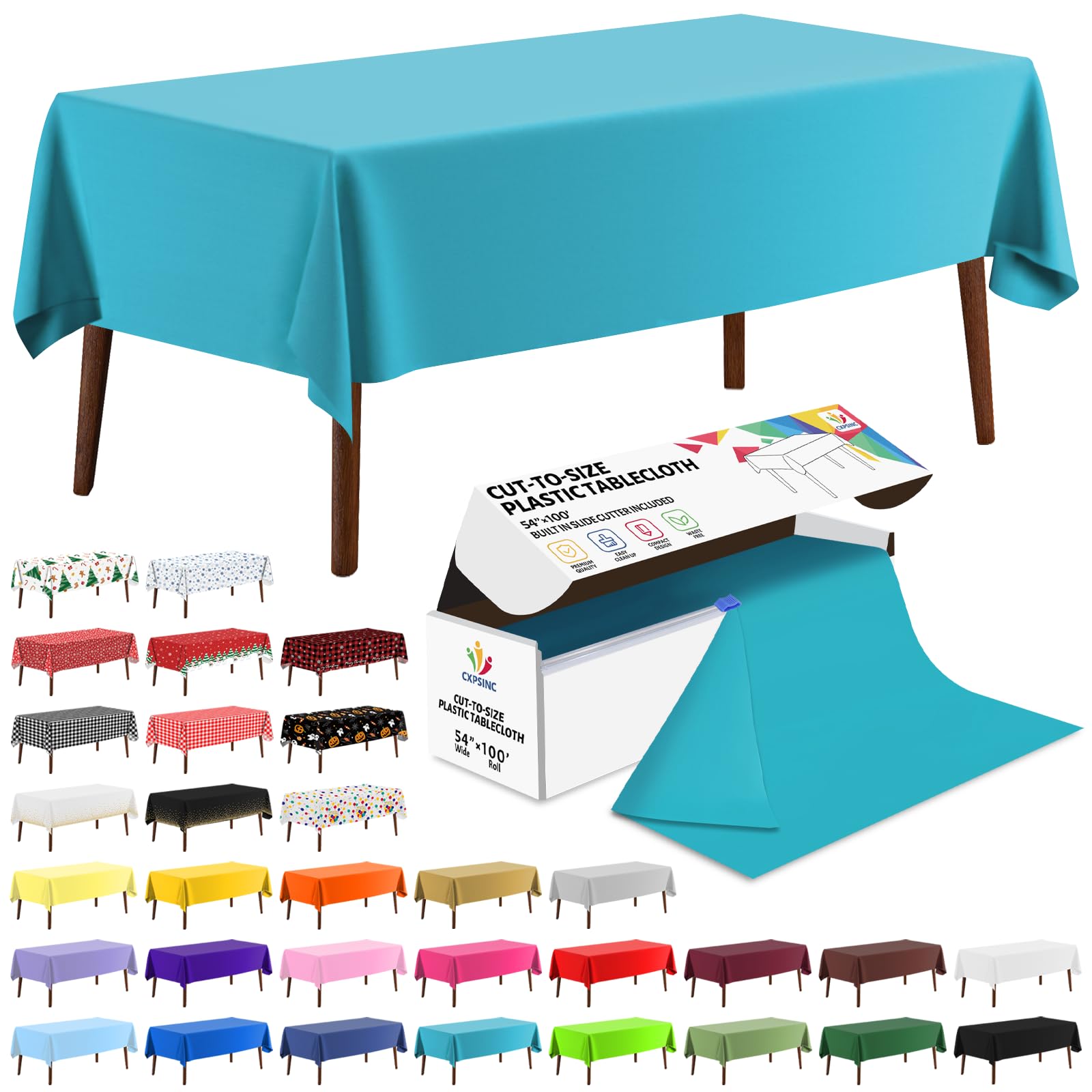 CXPSINC 54 Inch X 100 Feet Plastic Table Cover Roll Disposable Tablecloth with Slide Cutter for All Type/Shape Tables | Party, Banquet, Birthdays, Weddings(Turquoise, 100 Feet)