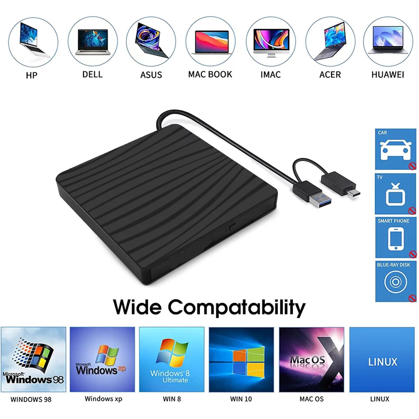 Zewnętrzny napęd DVD, USB 3.0 i Typ-C, przenośny napęd CD DVD +/-RW ROM do laptopa, komputera stacjonarnego, CD DVD, nagrywarki kompatybilny z systemami operacyjnymi Windows XP/2003/Vista/7/8/10/11