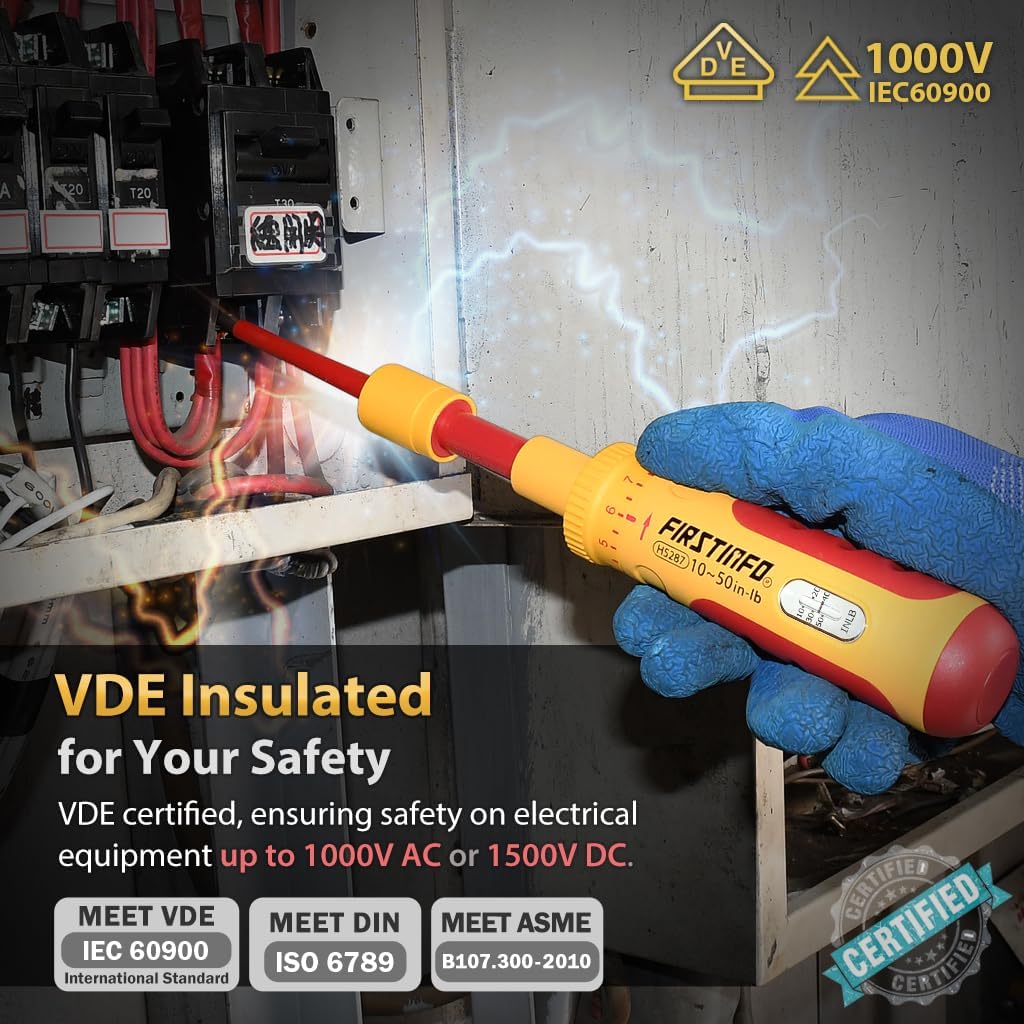 FIRSTINFO H5287 VDE Interchangeable Insulated Torque Screwdriver Set 10~50 in-lbs, Including 8 Blade Bits