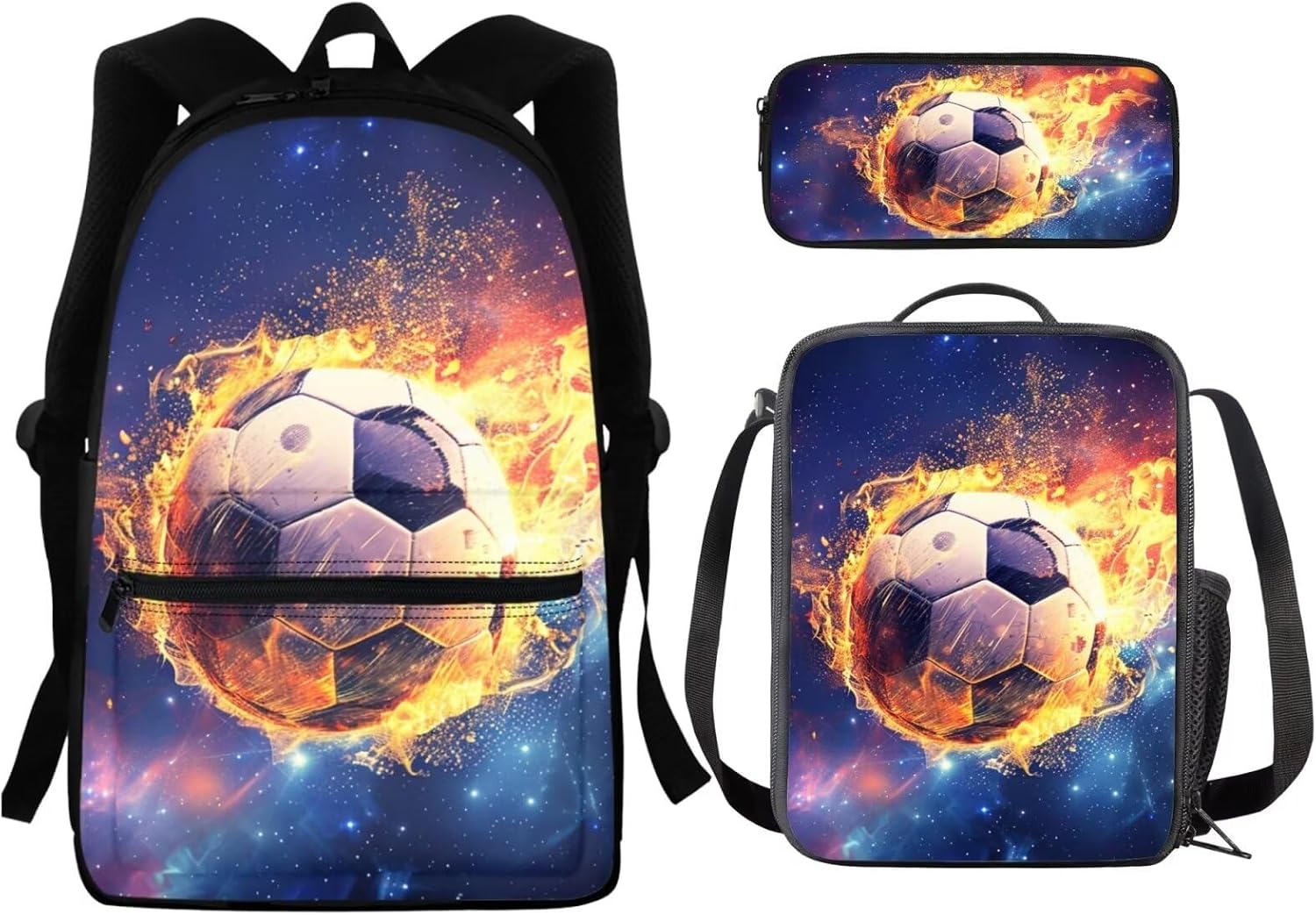 Galaxy Soccer Backpack for Boys and Girls 8-12 with Lunch Box for School 15 Inch School Bag & Lunchbox & Pencil Case for Elementary Student 3-in-1 Bookbag/Lunch Bag
