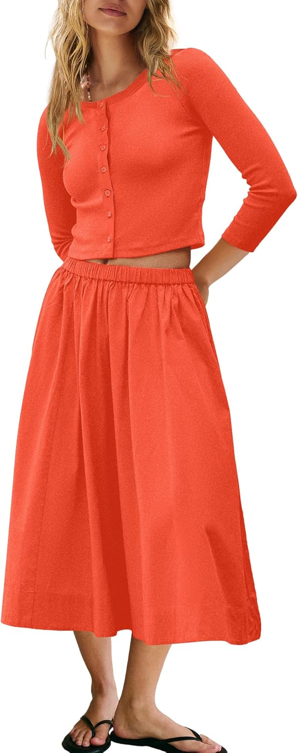 Panadila Womens 2 Piece Lounge Sets Matching Vacation Outfits Ribbed Button Down Cardigan and Elastic Waist Skirt Sets