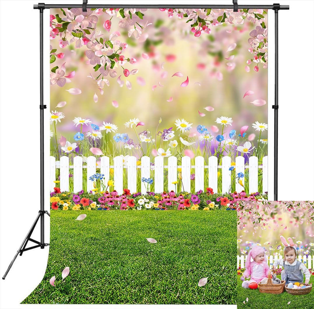 5x7ft Spring Easter Photography Backdrop Spring Pink Flowers Background Easter Green Lawn Natural Scenery Decorations Banner Kids Baby Shower Birthday Party Photo Studio Props
