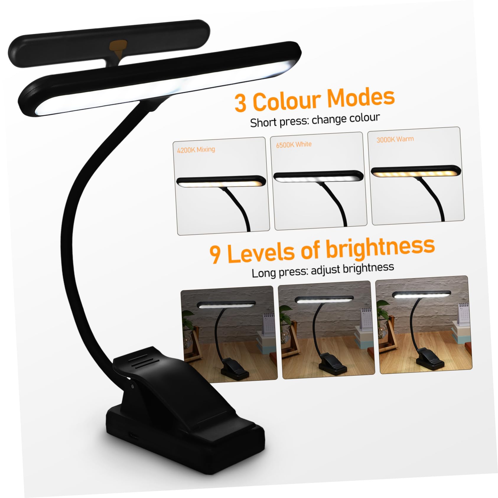 Beaupretty Lámpara LED Recargable Clip para Piano Vertical, Luz Musical Pantalla de Energía y Batería Larga Duración, Luz de Lectura Portátil para Libros y Partituras