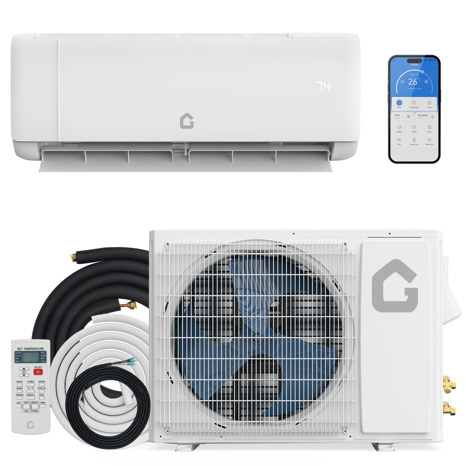 GarveeTech 9000 BTU Mini Split Air Conditioner,18.5 SEER2 Ductless Inverter AC w/ 230V, Cool Up to 450 Sq. Ft with Heat Pump System, Compatible with