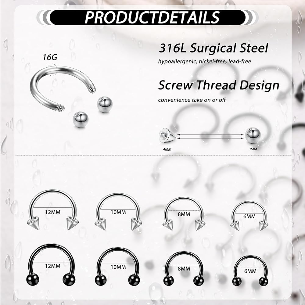 16 Pezzi Piercing Setto E Orecchio - Anelli In Acciaio Chirurgico Con CZ E Opale - 8mm 16G - Foto 11