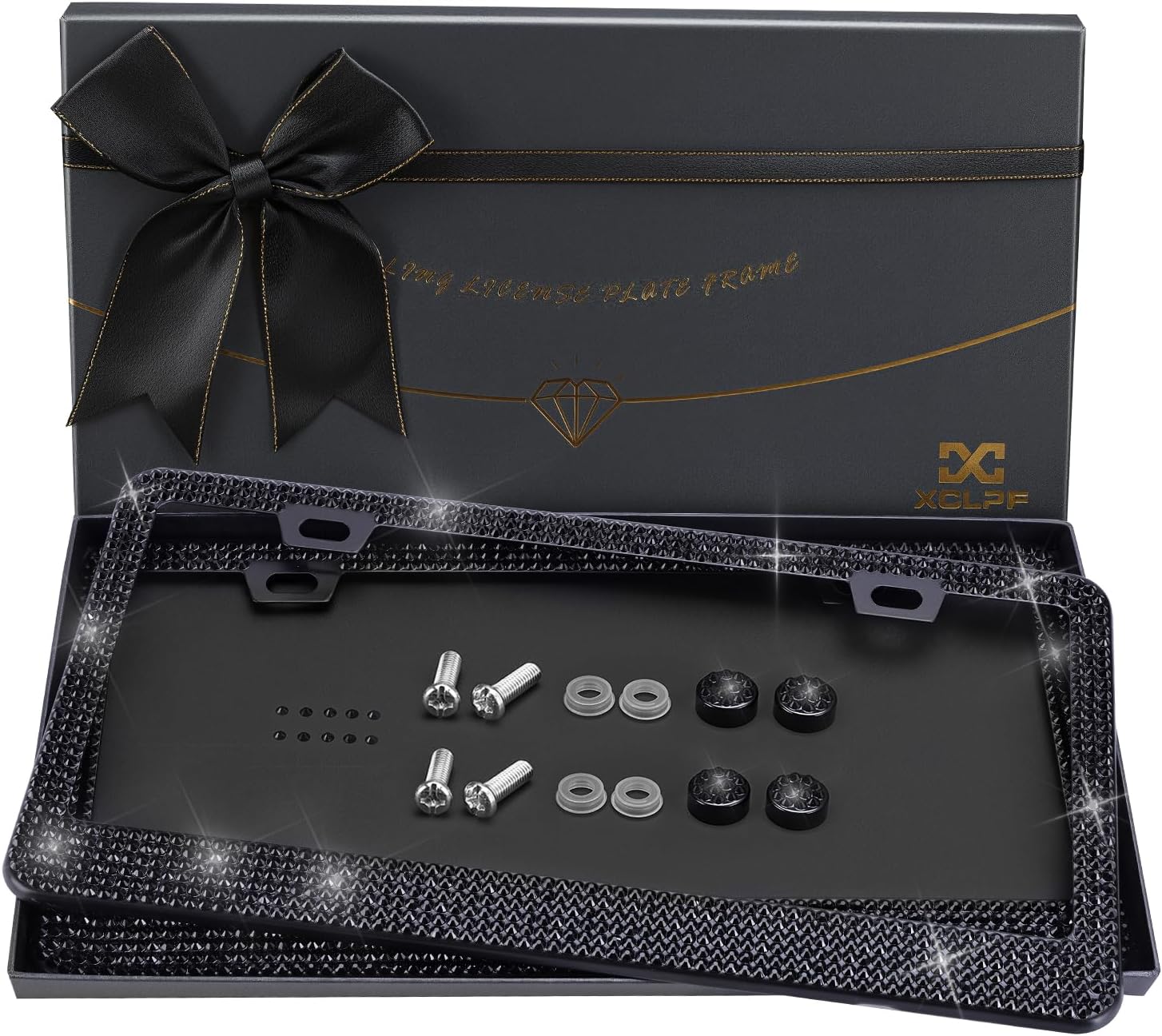 XCLPF Bling License Plate Frame for Women, 2PCS Rhinestone License Plate Frames| Over 1200 pcs14 Facets Bedazzled Clear Glass Diamond Sparkly Crystals w/Free Glitter Diamond Box (Black)