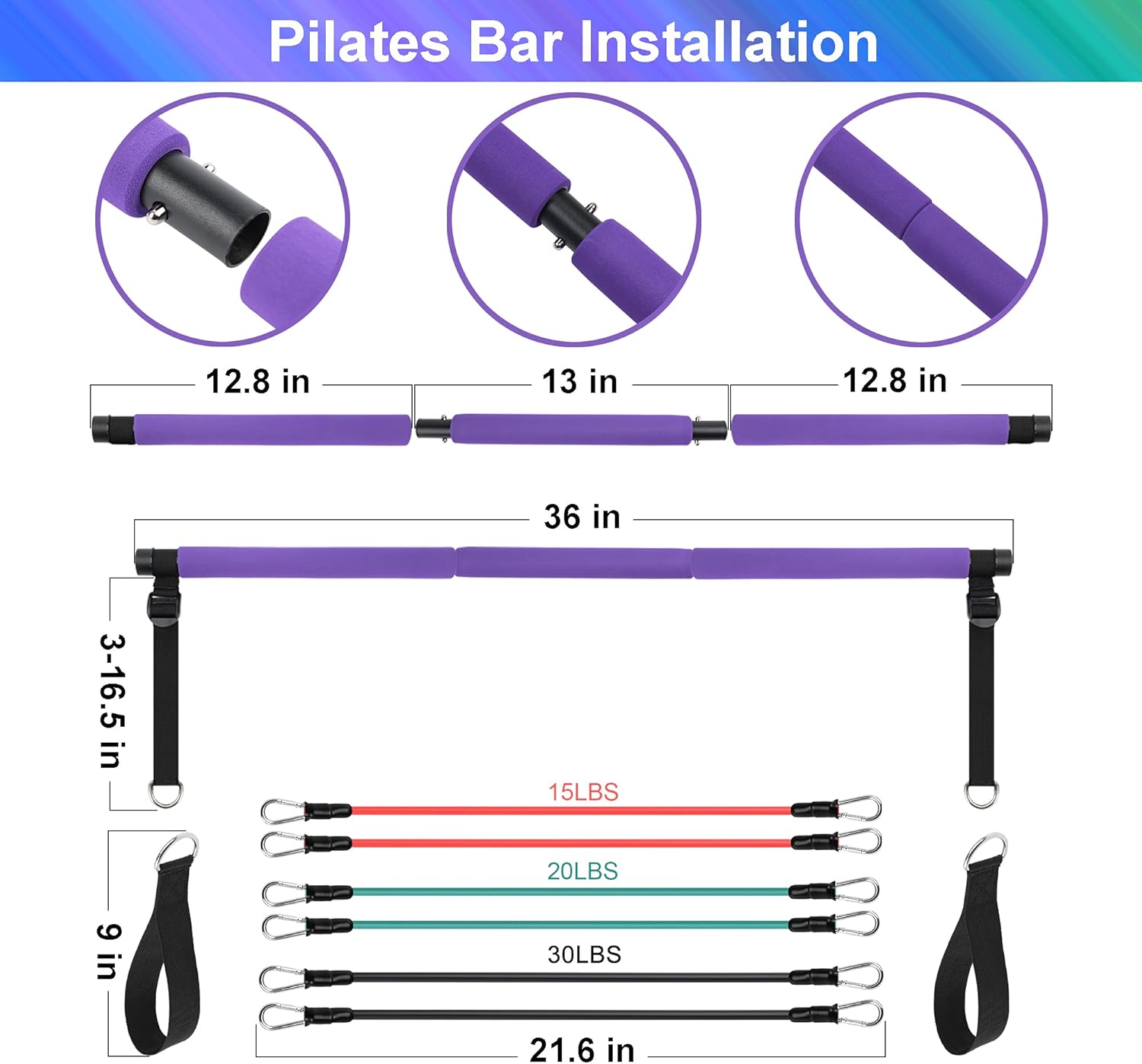 Portable Pilates Bar Exercise Kit with Fitness Video - Stackable 3 Pairs of Resistance Bands (15, 20, 30LB) - Home Gym Equipment for Men and Women, Workout Kit for Body Toning (Purple). : Sports & Outdoors
