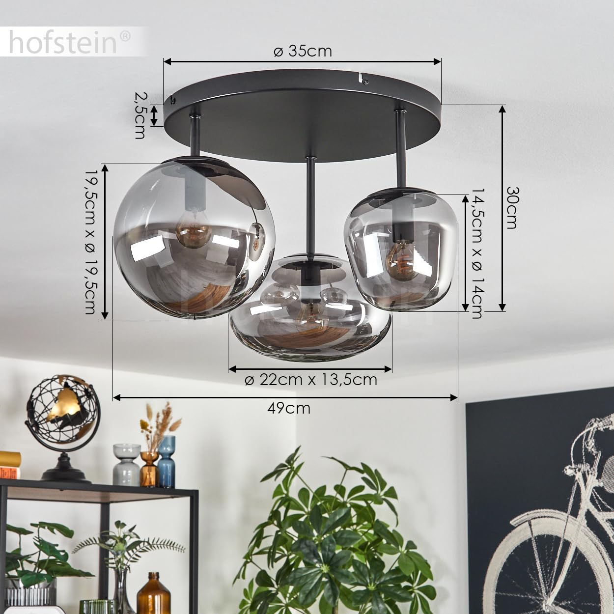 Deckenleuchte Zernez, Deckenlampe aus Metall/Glas in Schwarz/Rauchfarben, Leuchte im modernen Industrial-Design mit Schirmen aus Glas (Ø 19,5 cm; 22 cm; 14 cm), 3 x E14, ohne Leuchtmittel