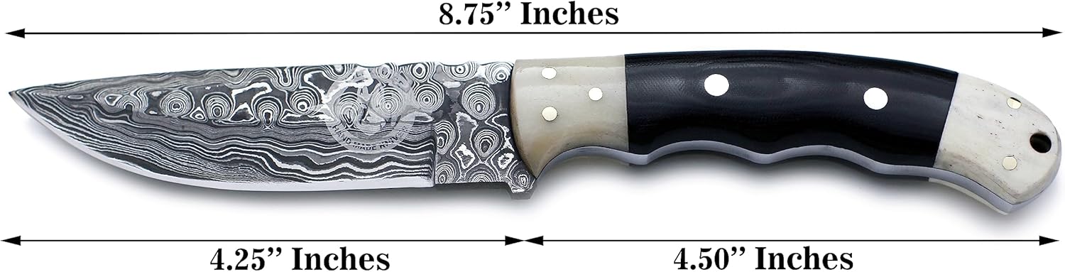 Handmade Damascus Steel Outdoor Fixed Blade Knife for EDC,Hunting,Survival,Camping, Hiking and Fishing with Drop Point Full Tang Bone Handle with Cowhide-Leather Sheath - WKD-783 (Pale Edge Defender)