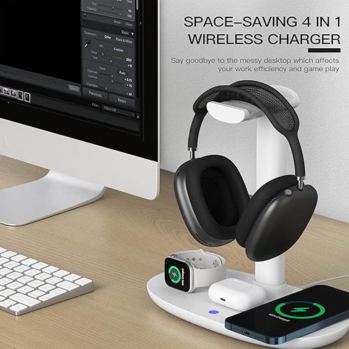 Miniatura 4 de Soporte para auriculares con cargador inalámbrico de 15 W, estación de carga Suguder 4 en 1, soporte para auriculares para AirPods MaxPro432 iWatch