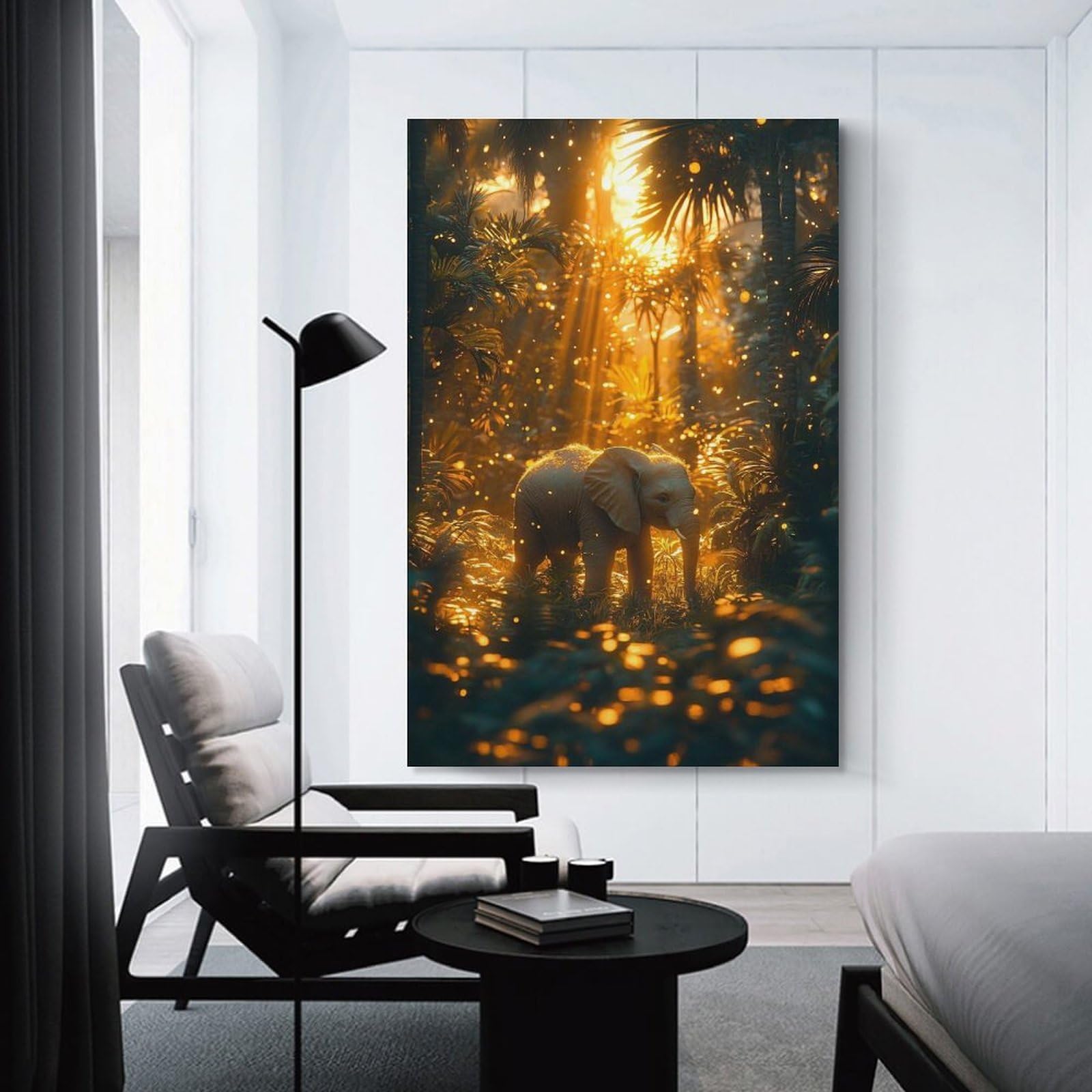 Junmoney Hanging Wall Art Elephant in A Golden Jungle, 16x24inch(40x60cm), for Work Areas, Reading Rooms Or Studios, Wall Art That Adds Style to Work Areas
