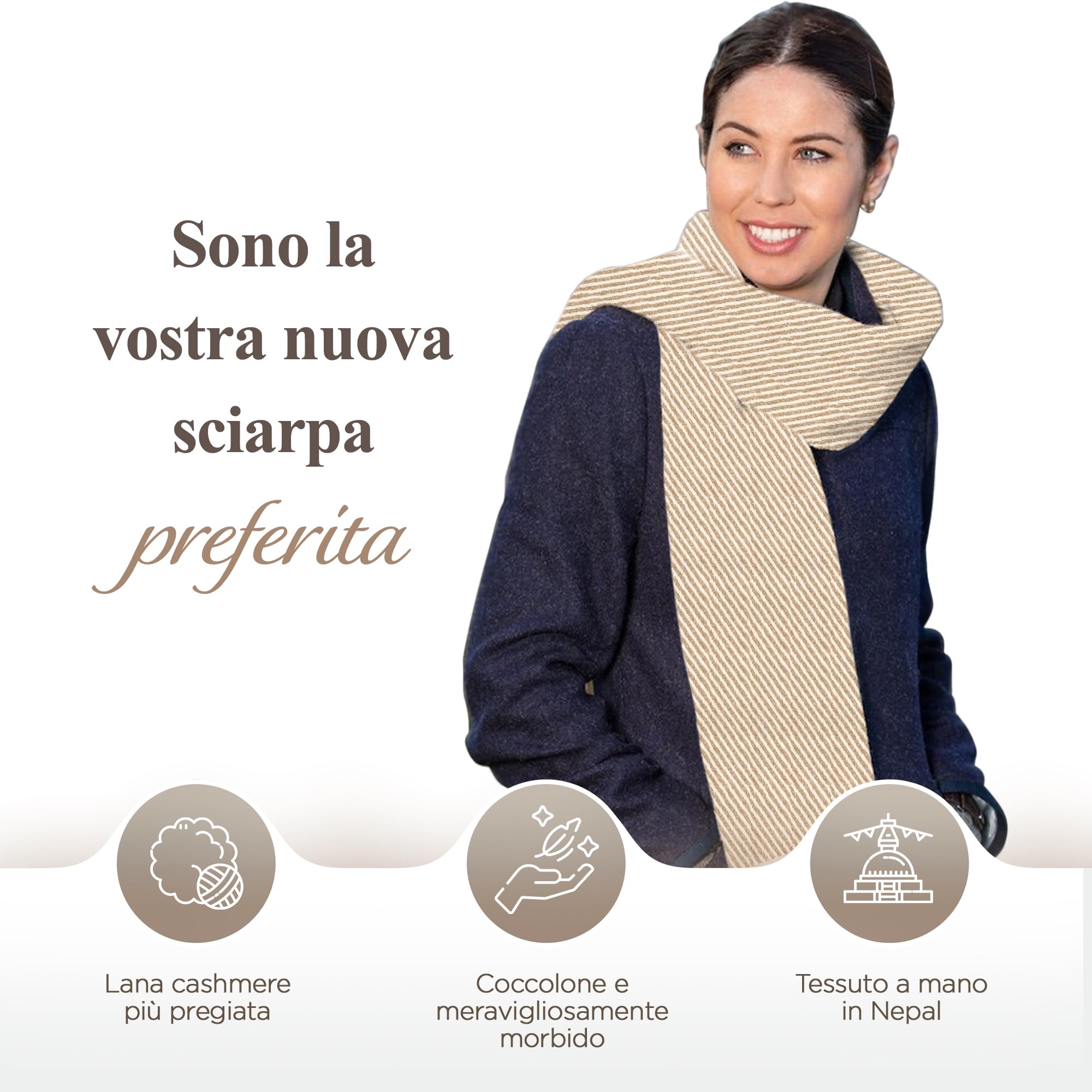 Sciarpa Unisex in Cashmere - Lana per Donna e Uomo, Leggera Con Motivo a Strisce - Avvolgente e Calda 68 x 190 cm, da Collo - Prodotto in Nepal