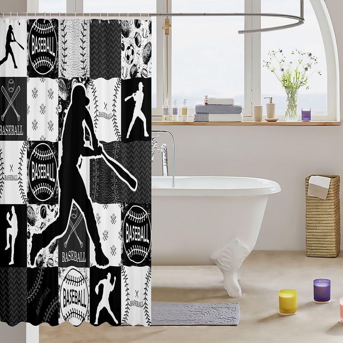 Feelyou Baseball Shower Curtain for Bathroom Decor Patchwork Bath Curtain Baseball Gaming Bathroom Accessories Dark Waterproof Polyester Fabric for Stalls Bathtubs 72"x78" image 3