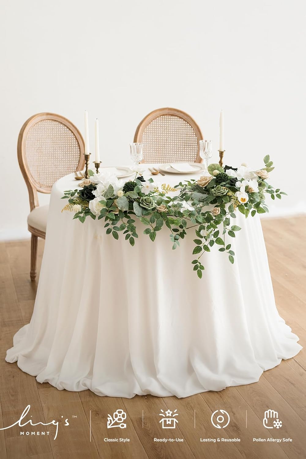 Ling's moment 2PCS Green Artificial Flower Garland Floral Swags Centerpieces White Wedding Arch Flower Greenery for Sweetheart Table Wall Window Home Garden Outdoor Decor Emerald & Tawny Beige