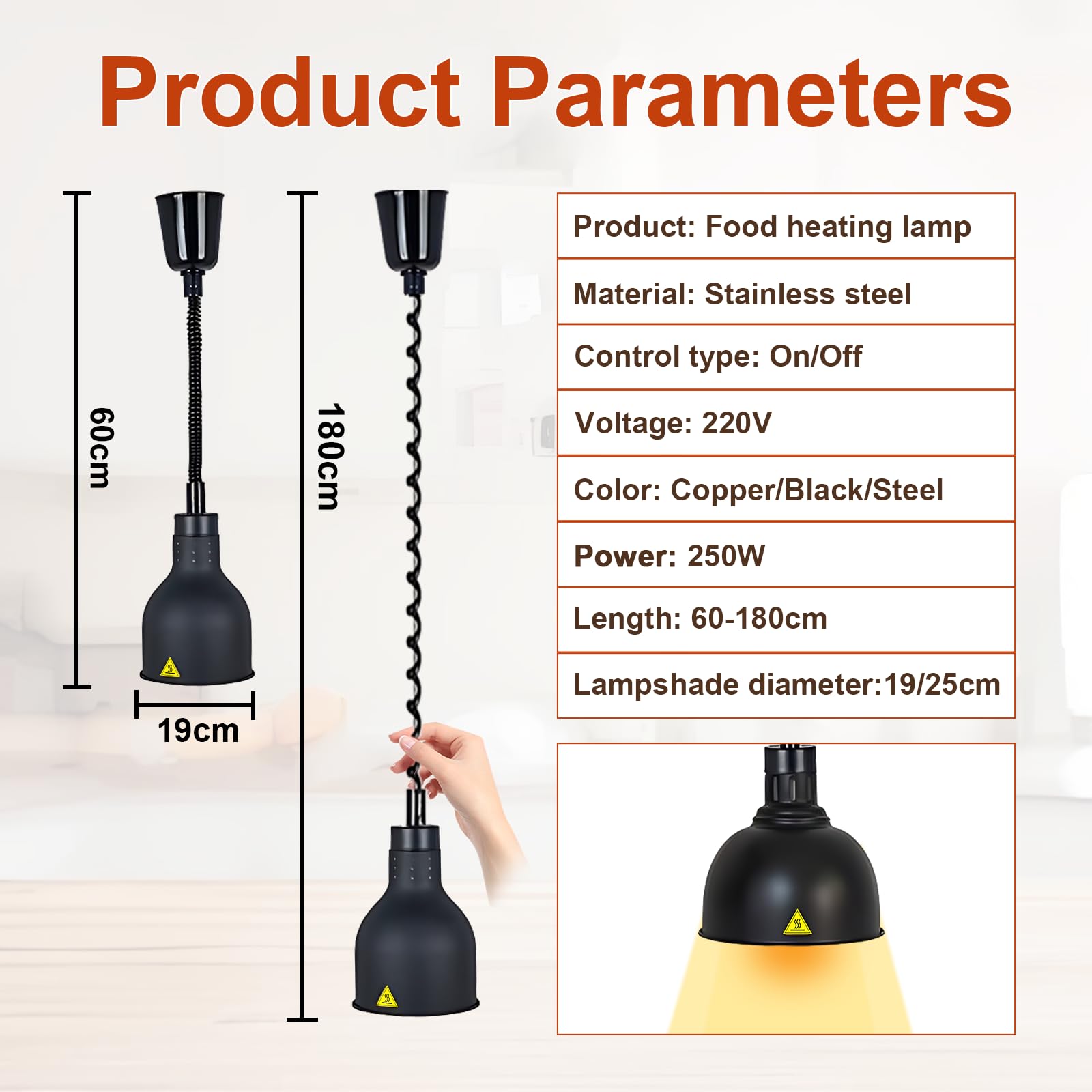 Sospeso Lampade Riscaldanti Cucina Regolabile(D-19cm,3 Pezzi) | 19 cm/25 cm Diametro Lampada Riscaldante per Alimenti, 250W Lampada Scaldavivande Ristorante, Cucina, Hotel