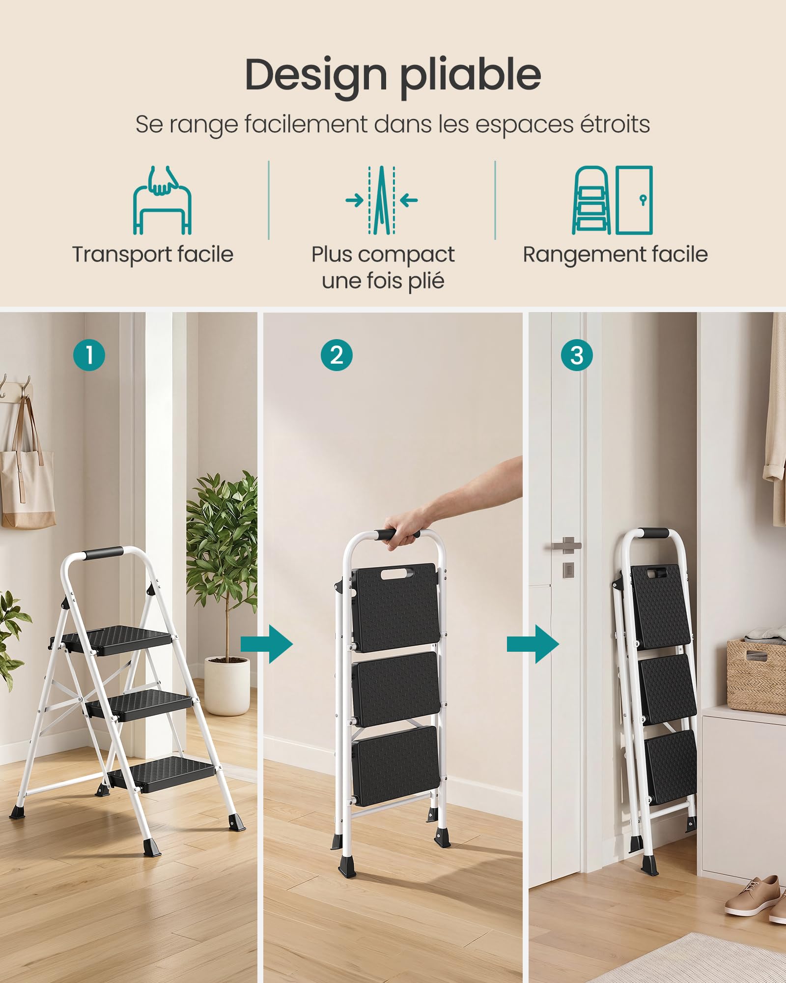 SONGMICS Escabeau en Acier, Marchepied Pliant à 3 Marches, Charge Maximale 150 kg, pour Maison, Bureau, Jardin, 73 x 46,5 x 102,5 cm, Blanc GSL203WZ01