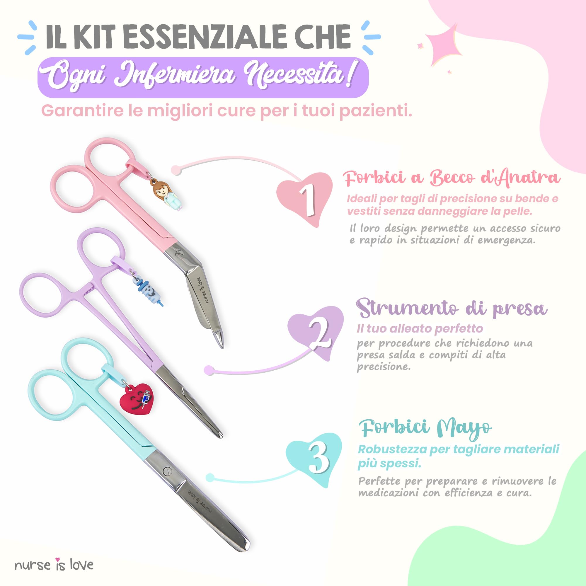 Nurse is Love Set 3 pz Forbici Infermieristiche Pico di Pato & Dritta Mayo + Strumento di Fissaggio | Forbici Punta Roma per Bende, Accessori Infermiera, Primi Soccorsi, Ausiliario Infermieristico