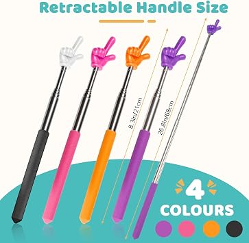 4 Pcs Teacher Pointer Stick for Classroom Extendable Pointer Finger Telescoping Hand Pointer Retractable Pointing Stick Reading Aid for Presentation Whiteboard (Black, Orange, Purple, Pink)