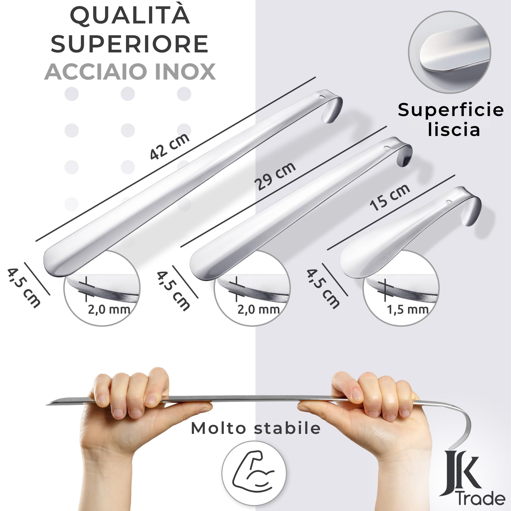 Set di 3 calzari in acciaio inossidabile STABILI | 15, 29 & 42cm | Calzascarpe in acciaio inossidabile corto, medio e lungo | Veloce e facile sulla schiena | Lunghezza e larghezza ottimizzate