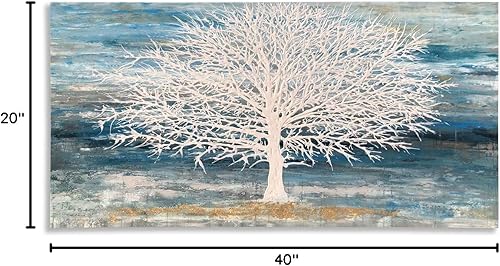 Miniatura 10 de RICHSPACE ARTS Lienzo moderno con diseño de árbol para la pared, imágenes de color verde azulado y blanco, gran decoración abstracta, pintura al