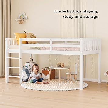 JOYMOR Twin Loft Bed Low Loft Bed Frame for Little Kids Small Room/Low Ceiling Bedrrom with Guardrail and Ladder, White