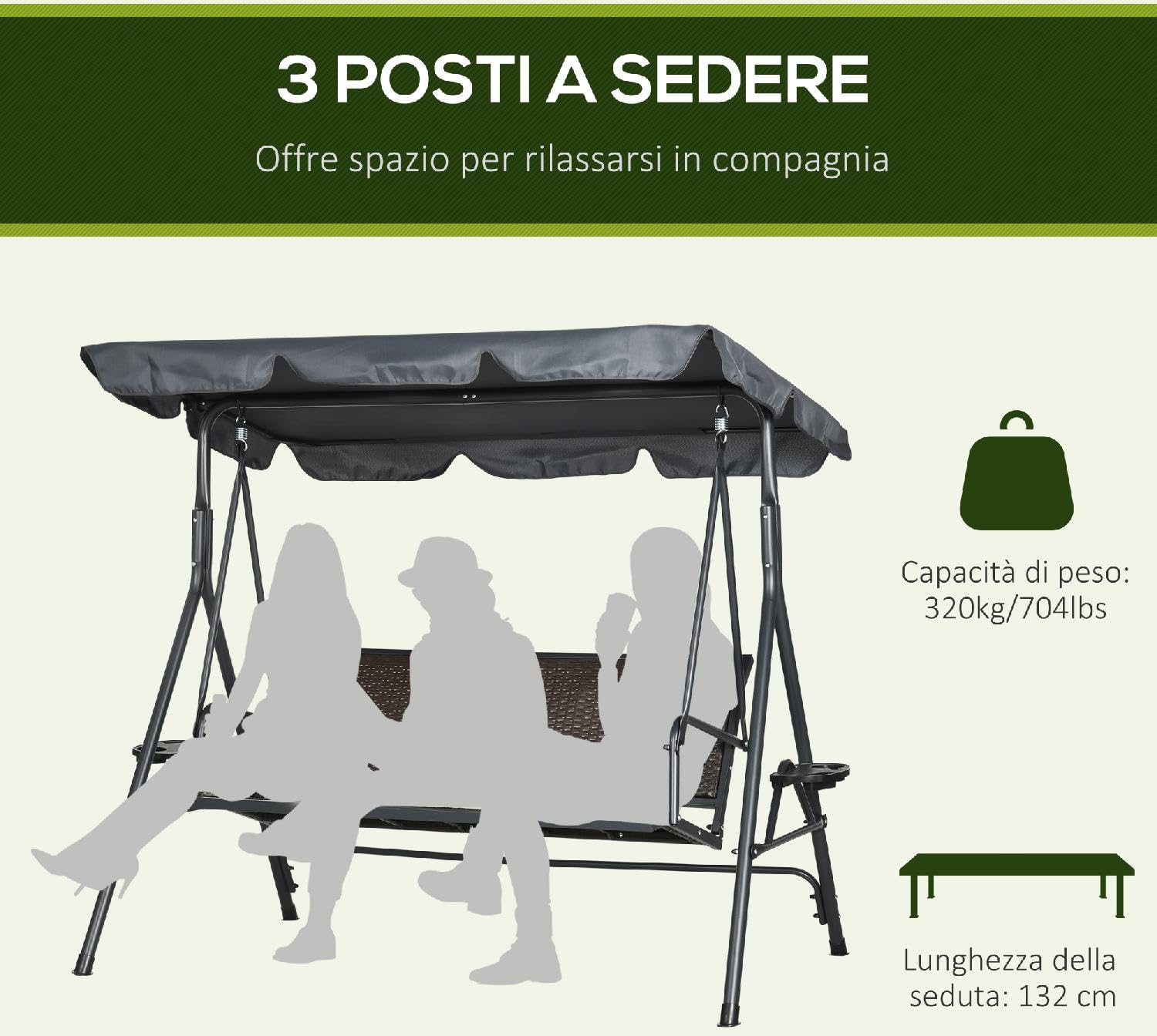 Dondolo da Giardino 3 Posti con Tettuccio Parasole e Portabicchieri in Acciaio/Poliestere/Rattan PE Dimensioni 204x112x150 cm Colore Grigio Scuro/Marrone