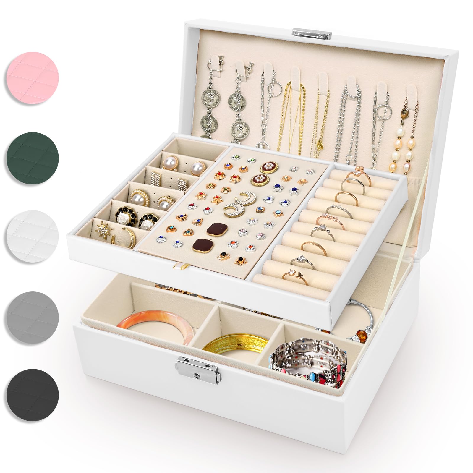 Portagioie Eucomir 2 Strati In Pelle PU - Organizer Per Viaggio Con Serratura Per Collane, Orecchini, Bracciali - Foto 7