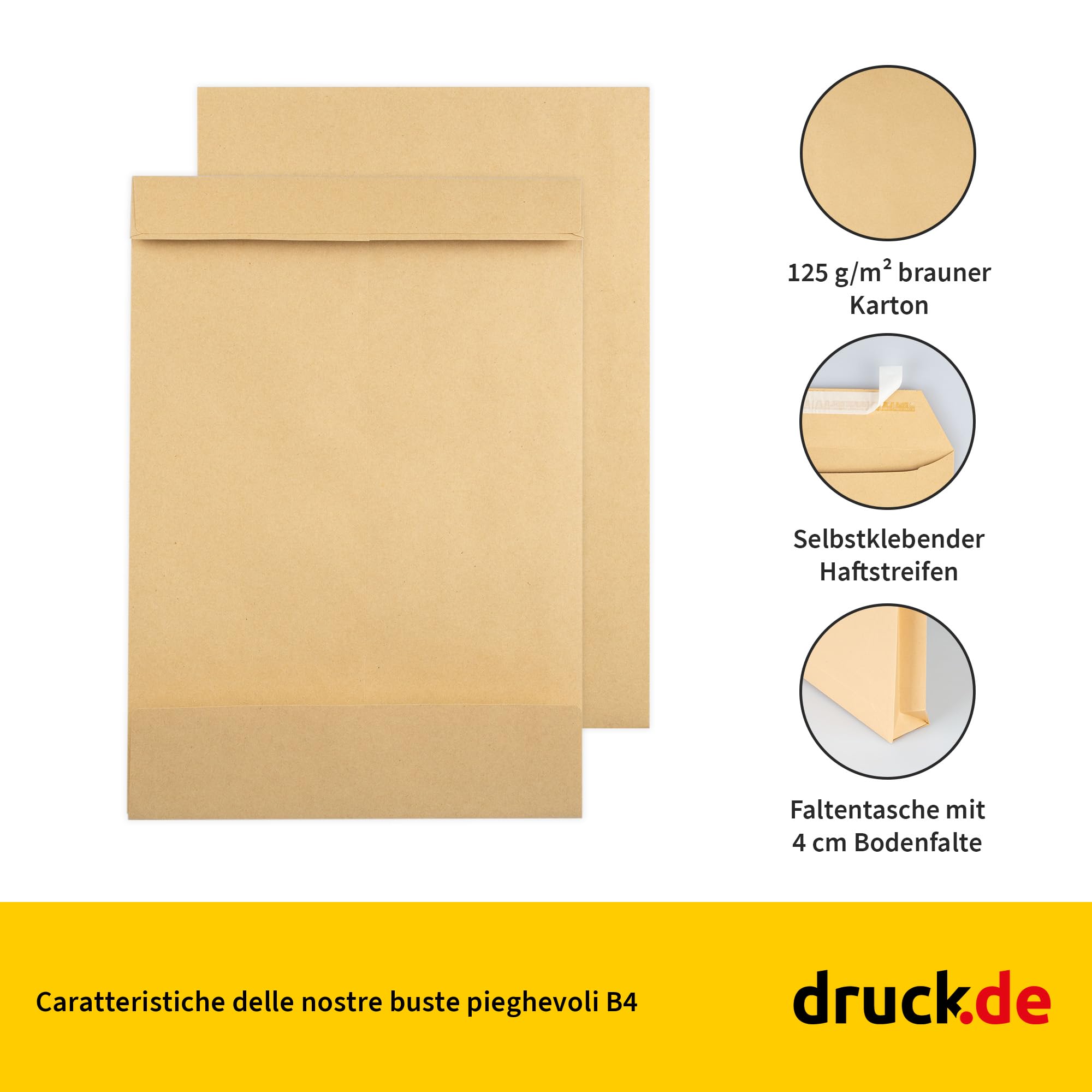 250 sacchetti pieghevoli B4 con base di 4 cm, spessore del materiale 125 g/m², strisce adesive, confezione da spedizione, borsa marrone
