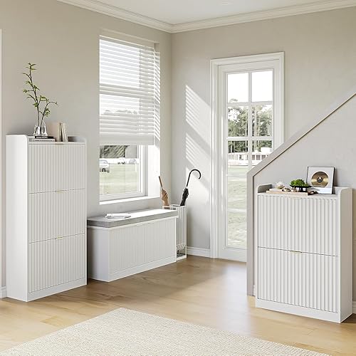 Miniatura 7 de Juego de 2 gabinetes de zapatos estriados para entrada, gabinetes de zapatos delgados y estrechos con 2 cajones abatibles y estantes ajustables,