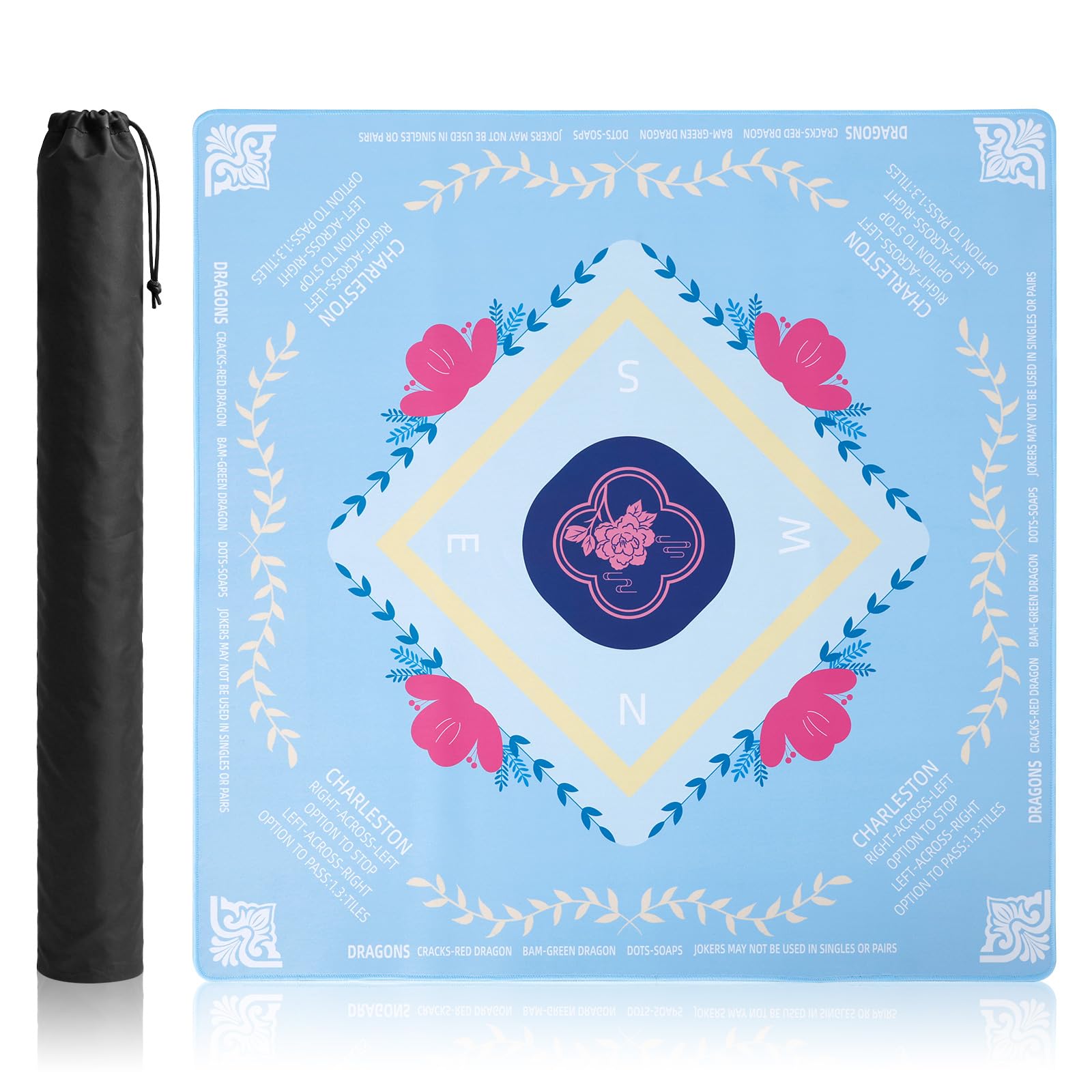Nzwbshssp Blue Mahjong Mat With Flower Artwork - 80X80cm Thickened Rubber Table Cover For American Mahjong - Non-Slip Noise Reduction Mat For Poker, Dominoes & Board Games(Blue)