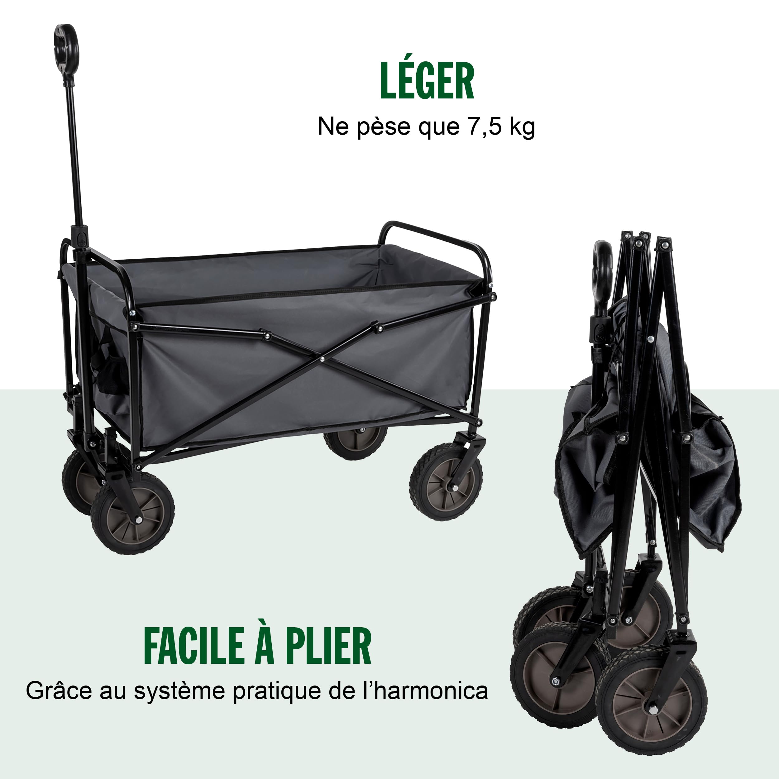 Chariot de Plage Pliable - Pliable jusqu'à 70kg - pour Camping et Festivals - Tout Terrain Réglable en Hauteur - 82 x 52 x 63 cm - Noir