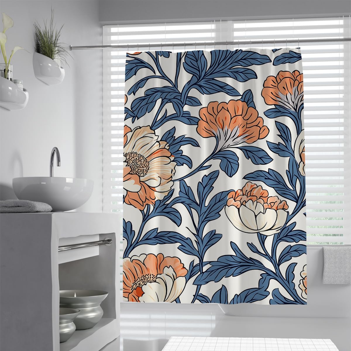 OLLIAR Home Rustic Flower Shower Curtain Set 180x220 Vintage Retro Orange Blossom Botanical Plant Polyester Waterproof Cloth Bathroom Curtain with Hooks