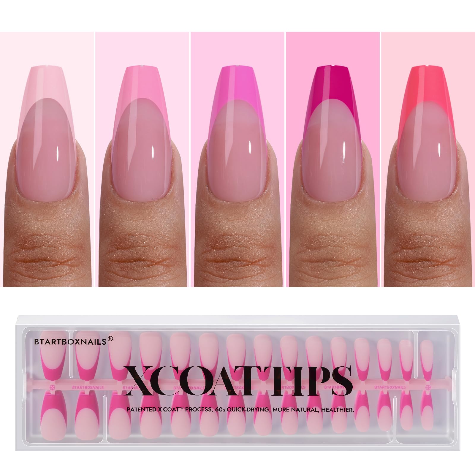 BTArtboxnails XCOATTIPS Pink French Tip Press On Nails - Coffin Press On Nails Medium, Soft Gel Nail Tips, Soak Off Pink Acrylic Fake Nail Extension in 15 Sizes