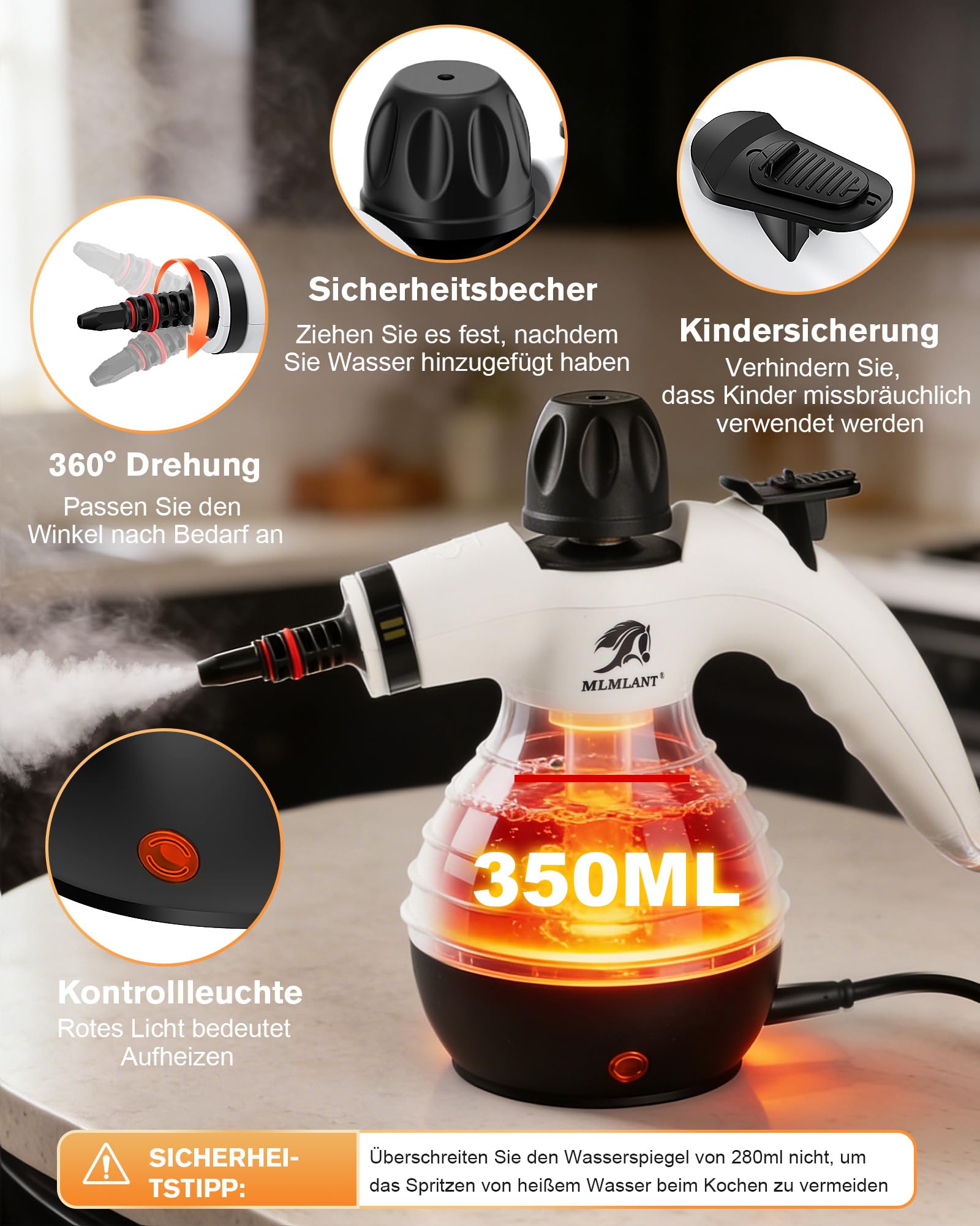 MLMLANT Dampfreiniger, Multifunktionaler Tragbarer Dampfreiniger mit Sicherheitsverriegelung und 10-teiligem Zubehörset, geeignet für Teppiche, Sofas, Polstermöbel, Matratzen, Autositze, und mehr