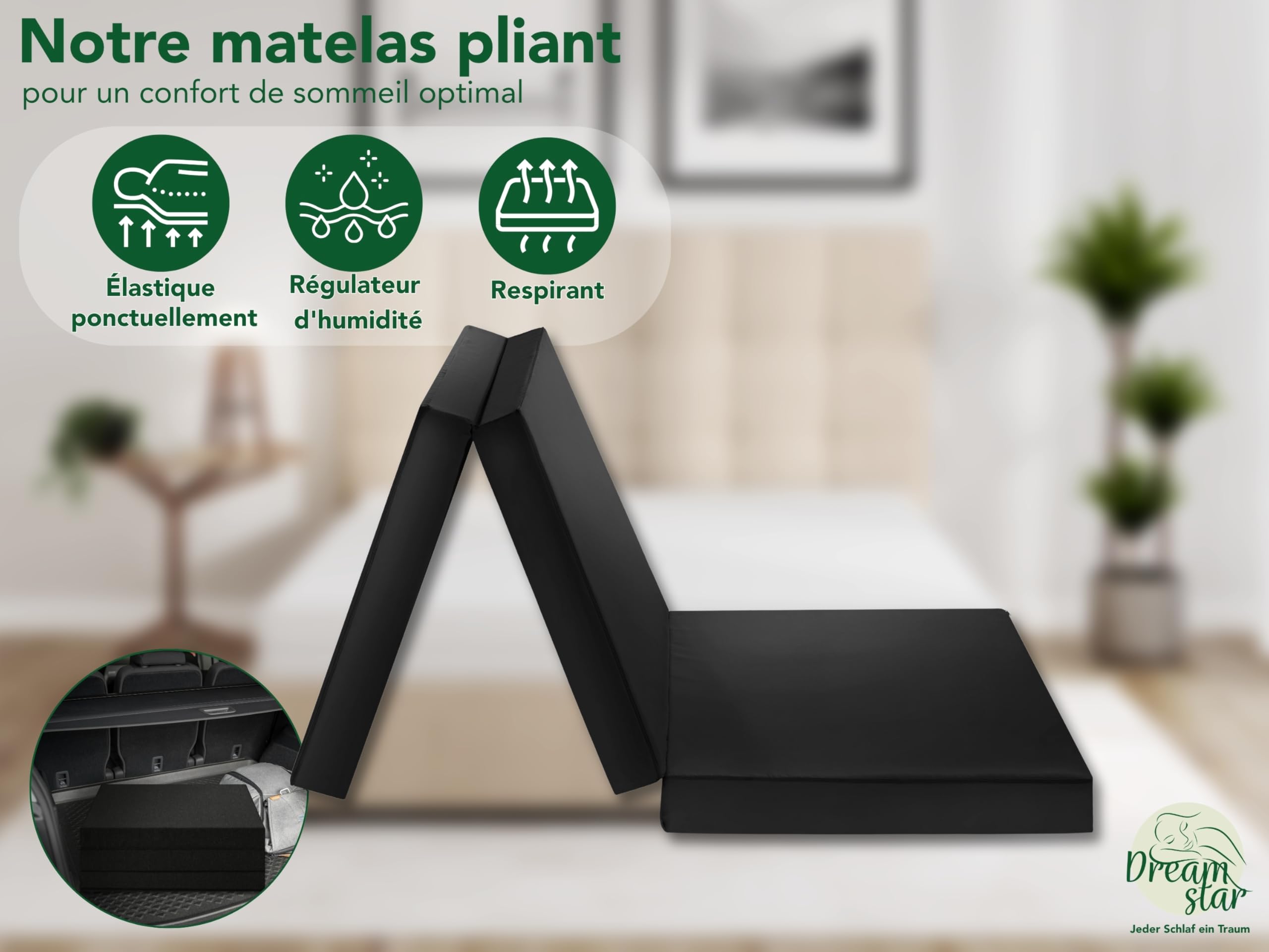 DREAMSTAR Easy Night, Matelas d'appoint pliable en 3 pièces, 7 cm de haut, 30 nuits d'essai de sommeil, Certifié Oeko-Tex, Matelas pliant noir, 60 x 190 cm
