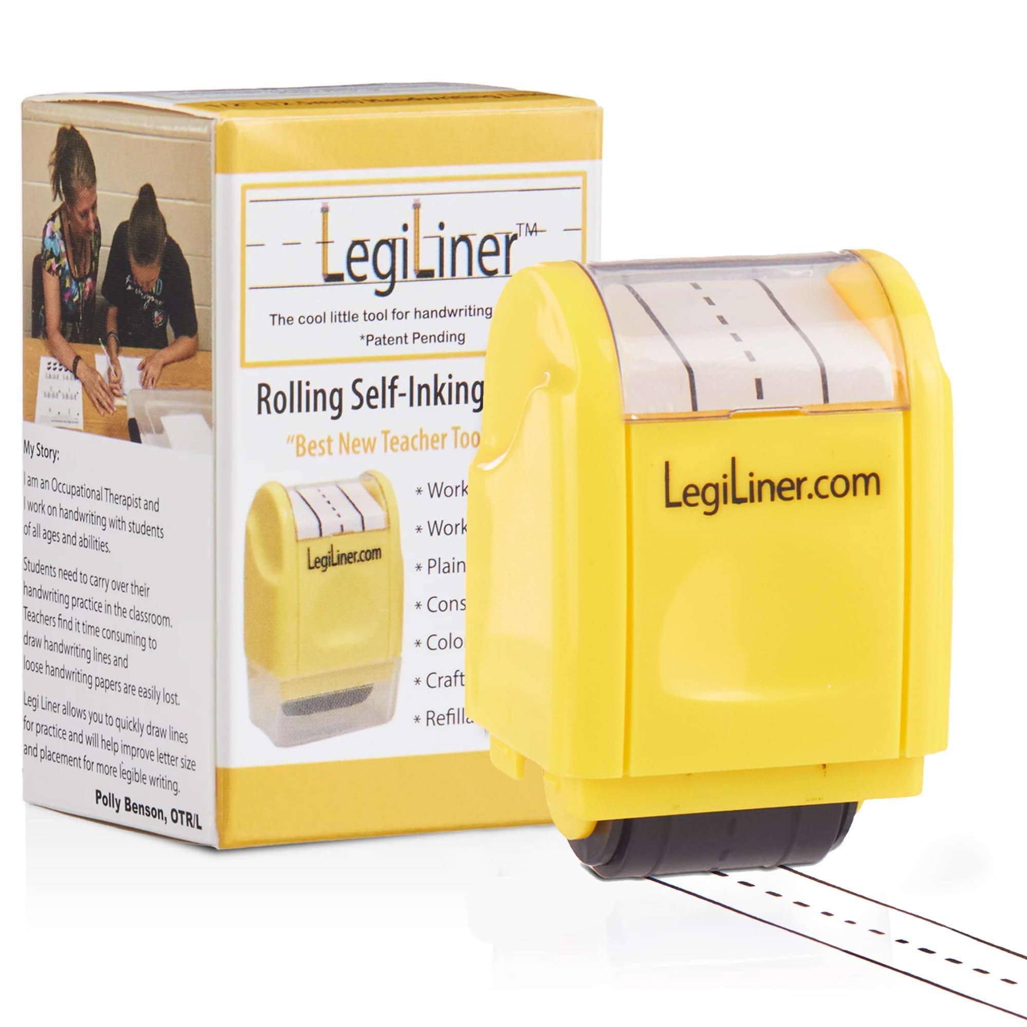 LEGILINER 1/2" Dashed Handwriting Line (Yellow) Teacher Stamp – Tri-Line Dashed Pattern. Classroom & Home Use. Refillable Ink Writing Practice Roller