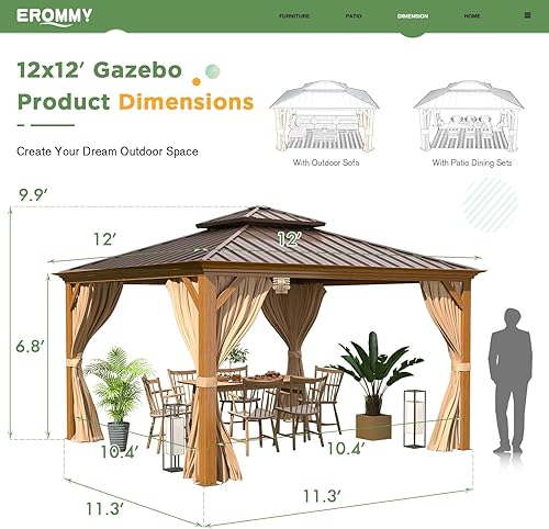 Miniatura 4 de EROMMY Cenador de 12 x 12 pies, toldo con marco de aluminio recubierto de madera con techo rígido de acero galvanizado doble, pabellón de metal