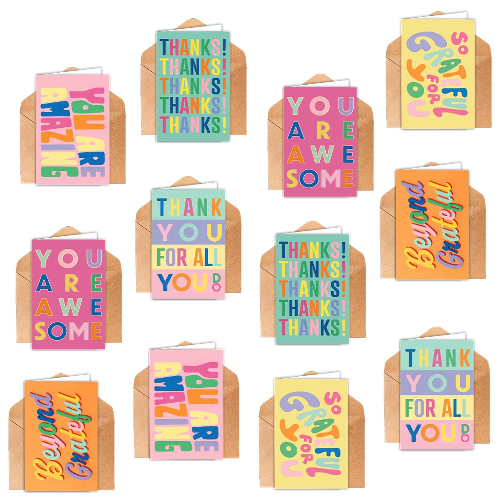 Thank You Cards Multipack with Envelopes, Mini Thank you Cards Set of 12 Small Blank Cards, 6 Colorful Gratitude Note Cards Designs, 4x6 Inch Blank Thank You Card Set for All Occasions