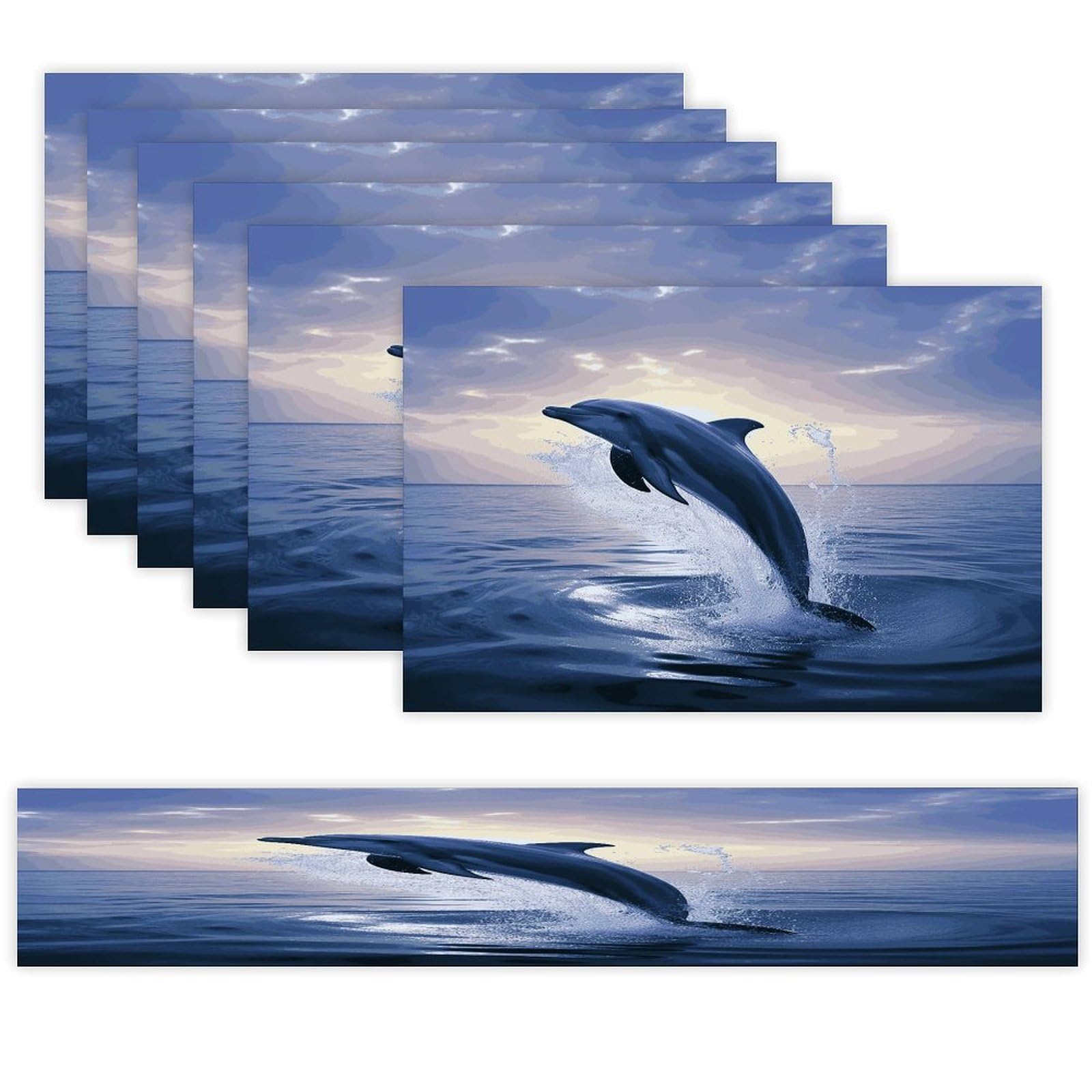 Elegant Dolphin Table Runner and Placemats Set of 6 for Kitchen Washable Table Mats Heat Resistant Place Mats Non-Slip Place Mat Wipeable Placemat(6 Placemats+1 Table Runner)