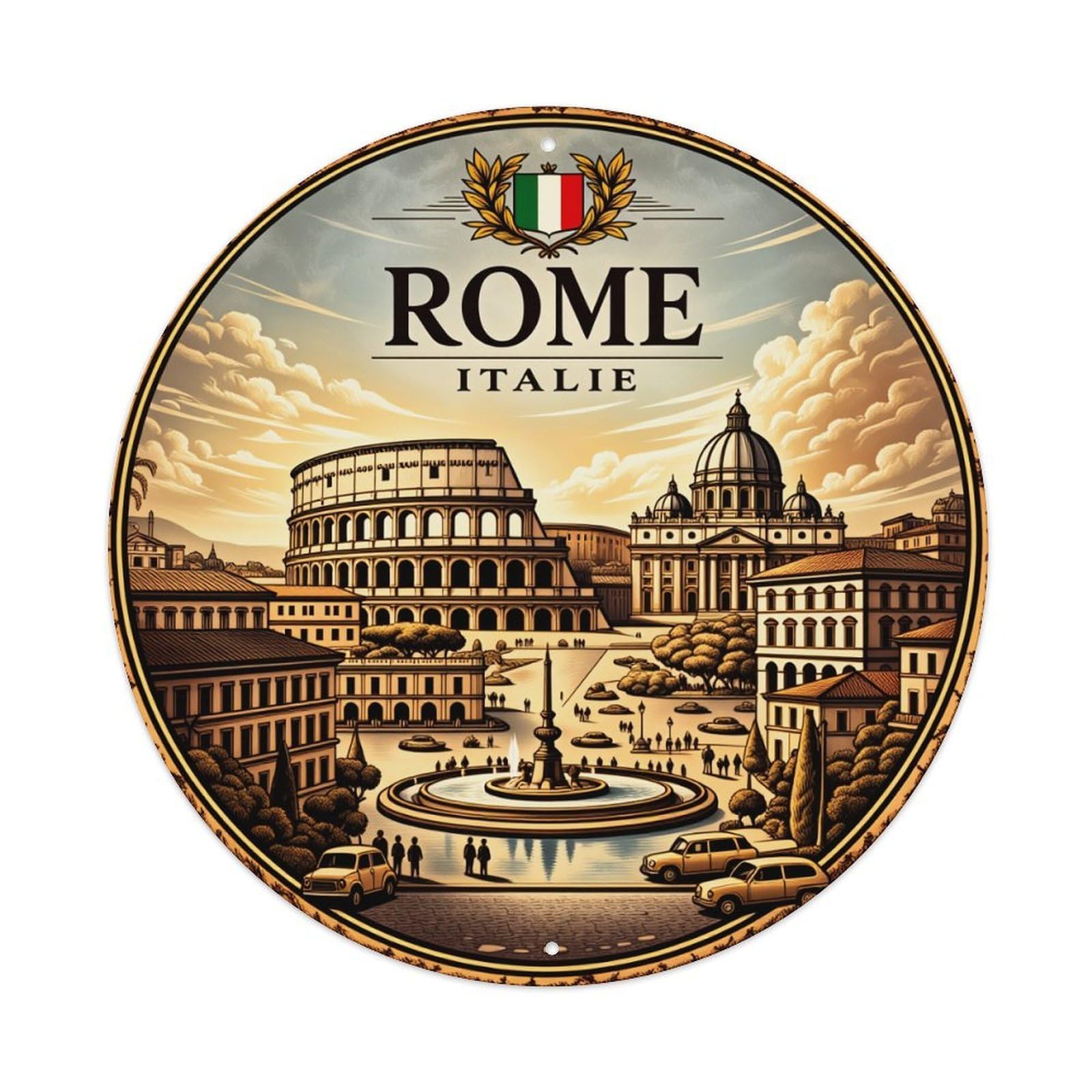 Igtefte Vintage Rome Colosseum Fountain Buildings Sky Round Tin Sign Style Metal Sign Home Bar Garden Wall Plaque Decor Metal Poster 8X8 Inch