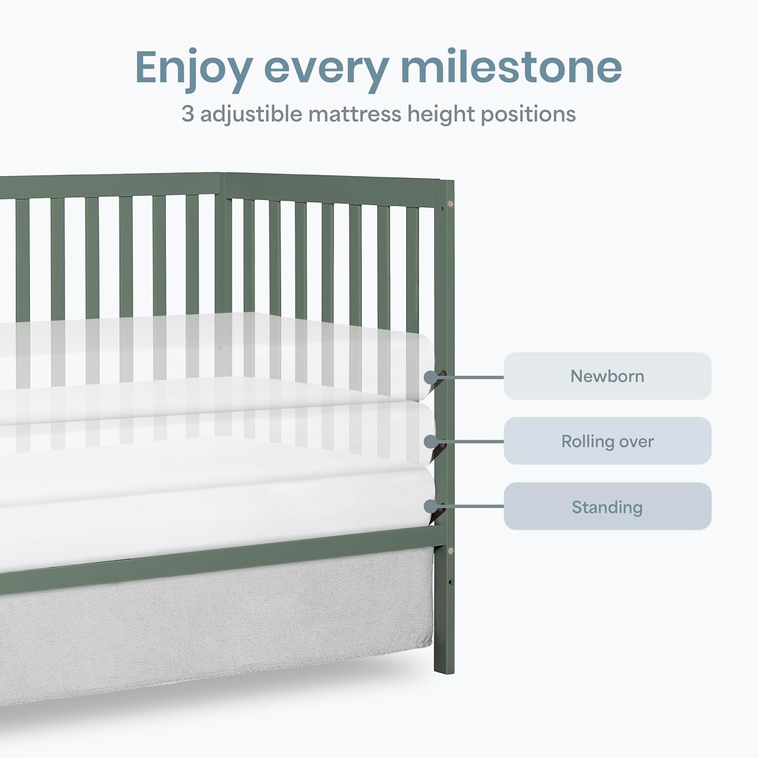 Dream On Me Synergy 5-in-1 Convertible Full-Size Baby Crib with Toddler, Day & Full Bed Conversion in Meadow Green, GreenGuard Gold & BSA, 3 Mattress Heights, Sustainable Pinewood