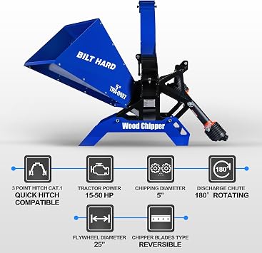 BILT HARD 5 Inch 3 Point PTO Powered Wood Chipper for 15-50 HP Tractors, Leaf Branch Shredder Mulcher, Category 1 Hitch and Quick Hitch Compatible, 25 Rotor with Reversible Blades