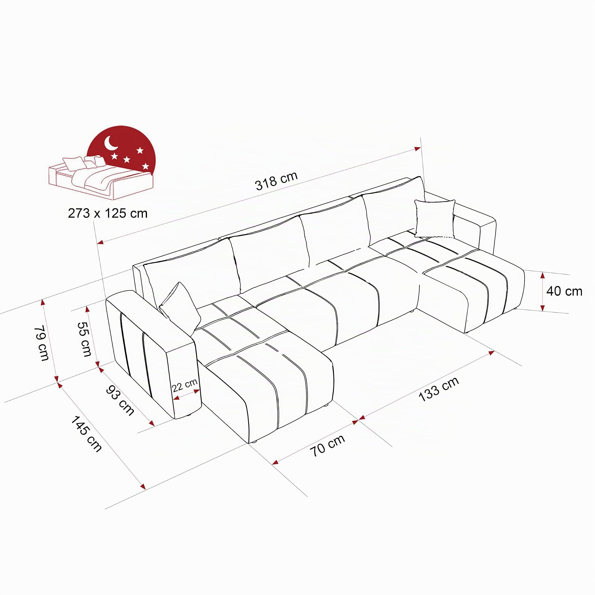 Canapé en U Convertible avec Coffre 318 x 145 cm