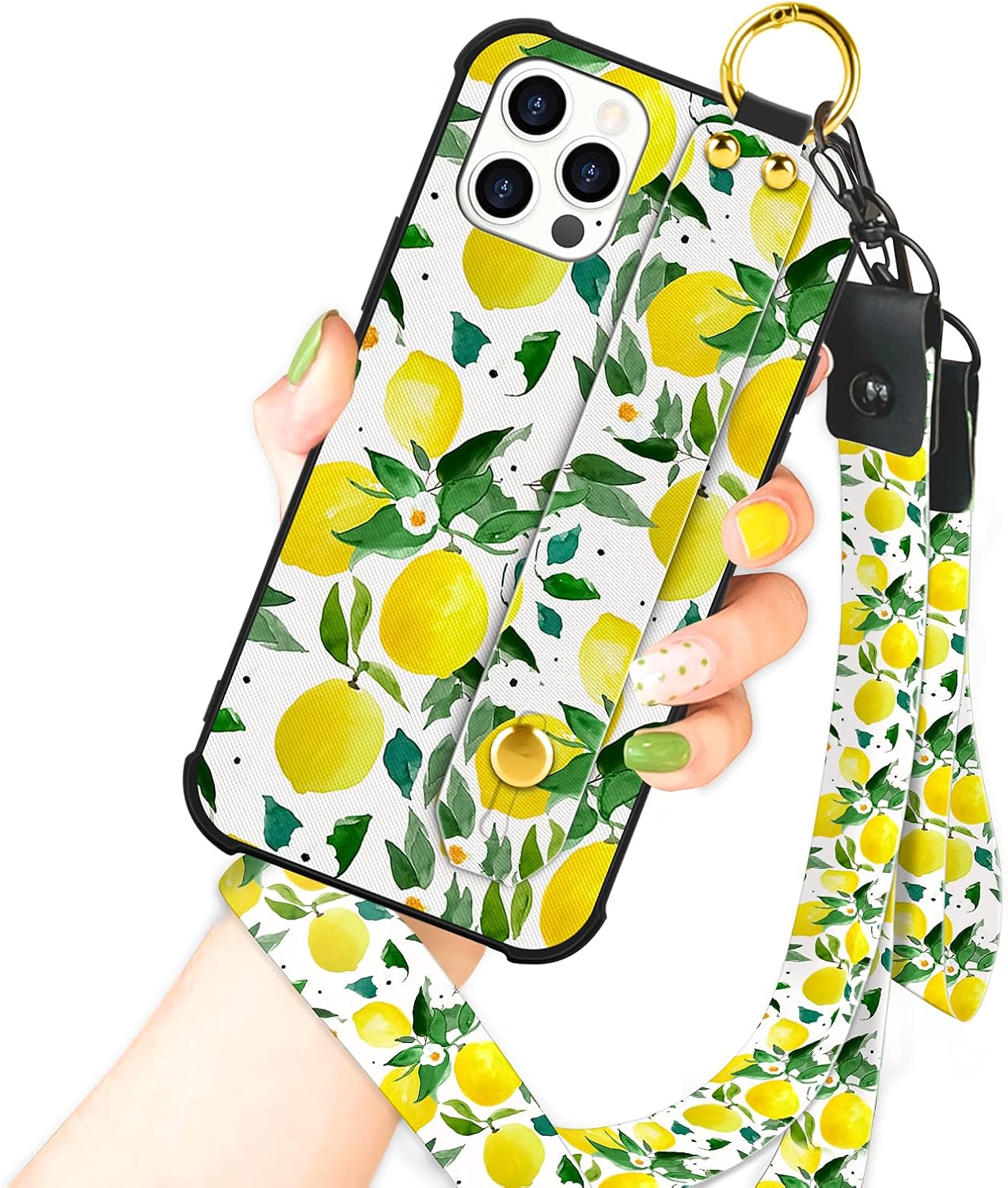 OOK Compatible with iPhone 12 Pro Max Case Lemon Flowers Design Wrist Strap Cell Phone Cover with Lanyard Kickstand Band Protective Shockproof Stand Fruit Pattern Bumper Case for Women Girls