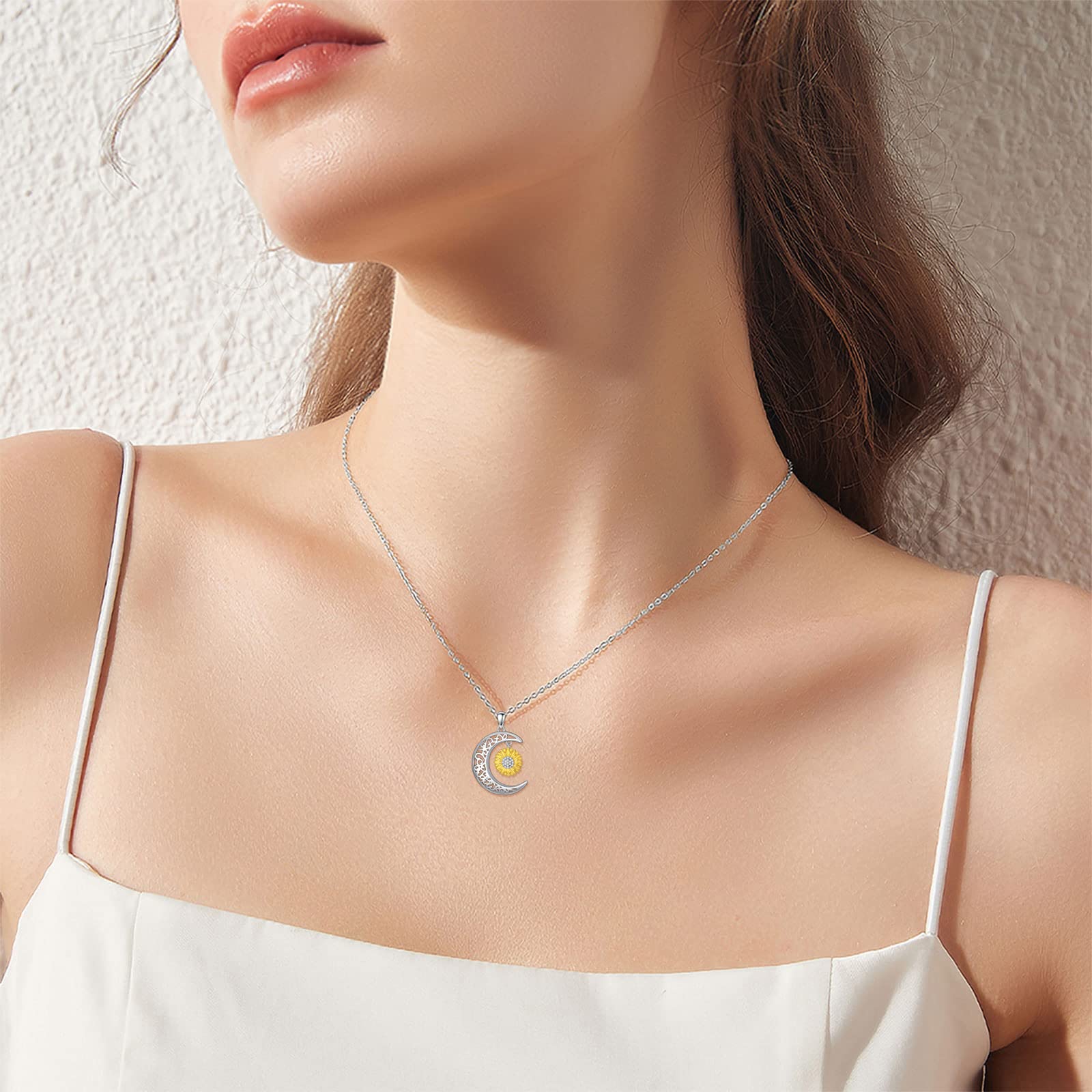VONALA Collana con luna e girasole, luna collana in argento Sterling 925 girasole ciondolo collana per donne ragazze, Argento sterling
